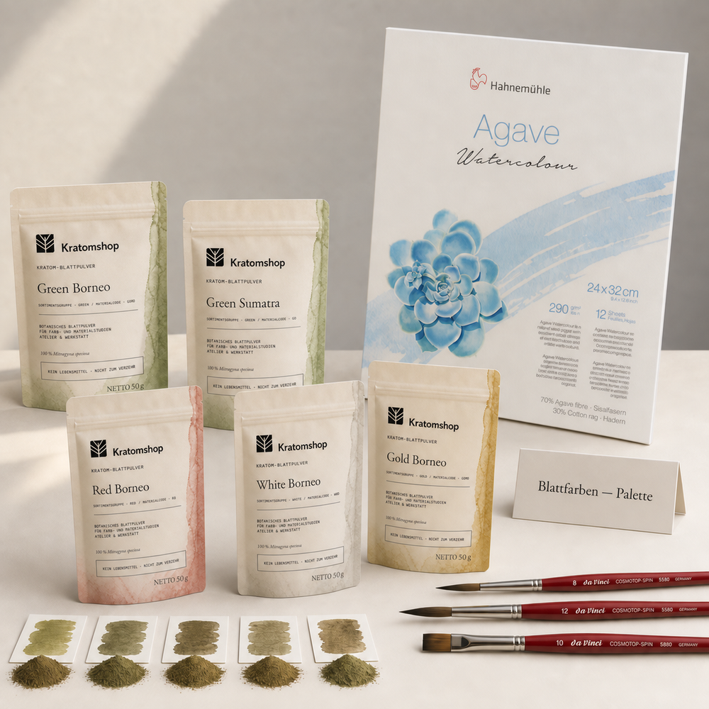 Colores de hoja — Paleta con cinco polvos de hoja de kratom: Green Borneo SGMD, Green Sumatra GD, White Borneo WMD, Red Borneo RB y Gold Borneo GOMD