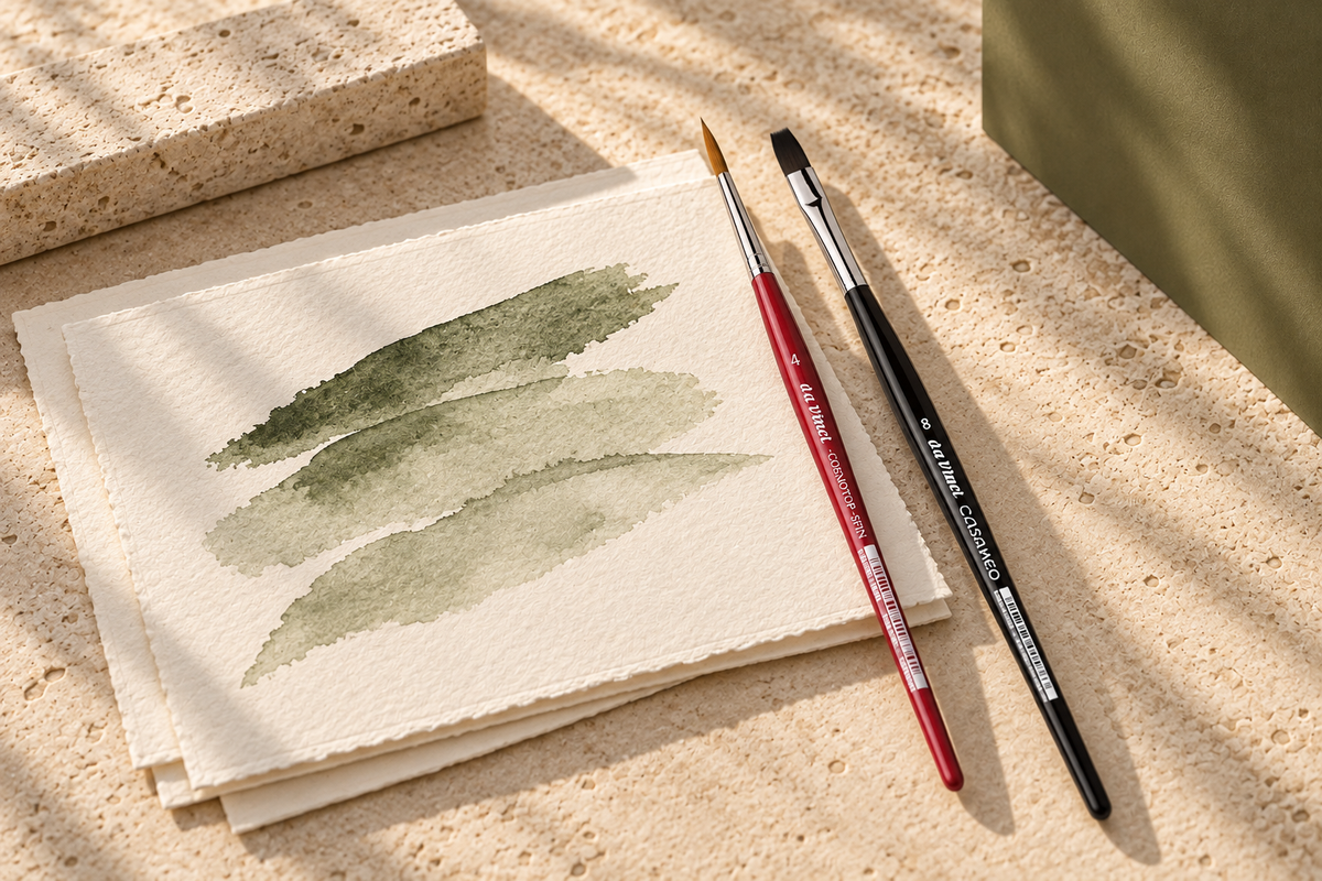 Aquarellpapier und zwei Künstlerpinsel auf hellem Naturstein