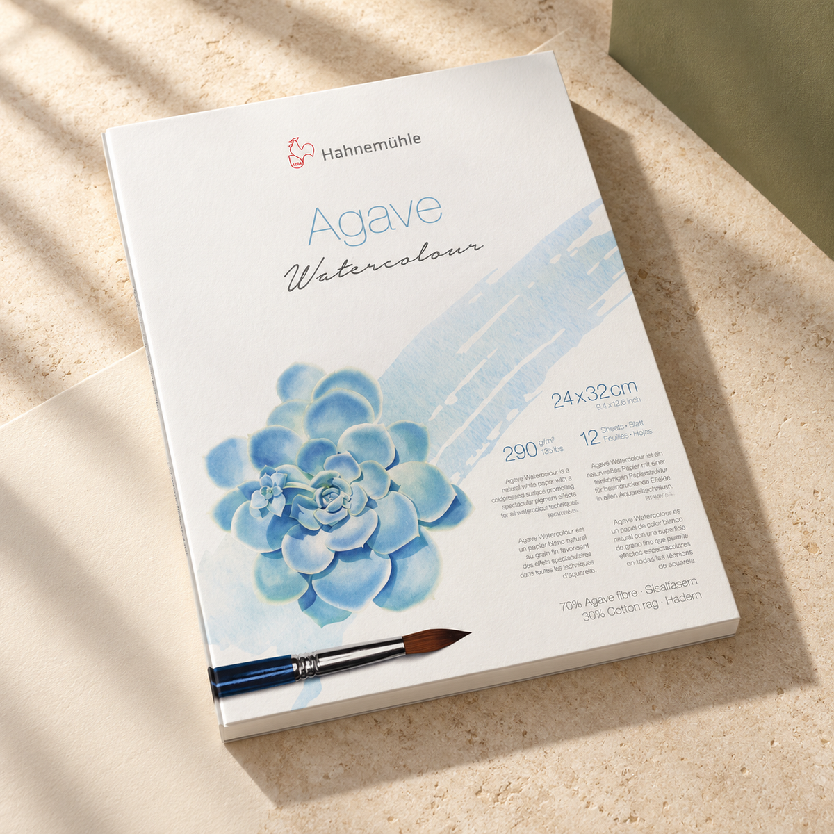 Agave Watercolour, Natural Line, 290 g/m², matt · Block 24 × 32 cm, 12 Blatt – Ateliermotiv auf hellem Naturstein