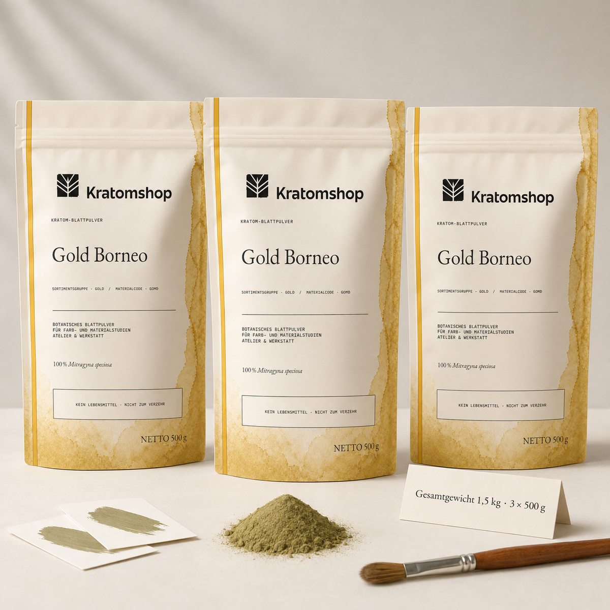 Polvo de hoja de kratom · Grupo de materiales Gold · Código de material GOMD · Archivo de polvos de hoja 11 · Gold Borneo