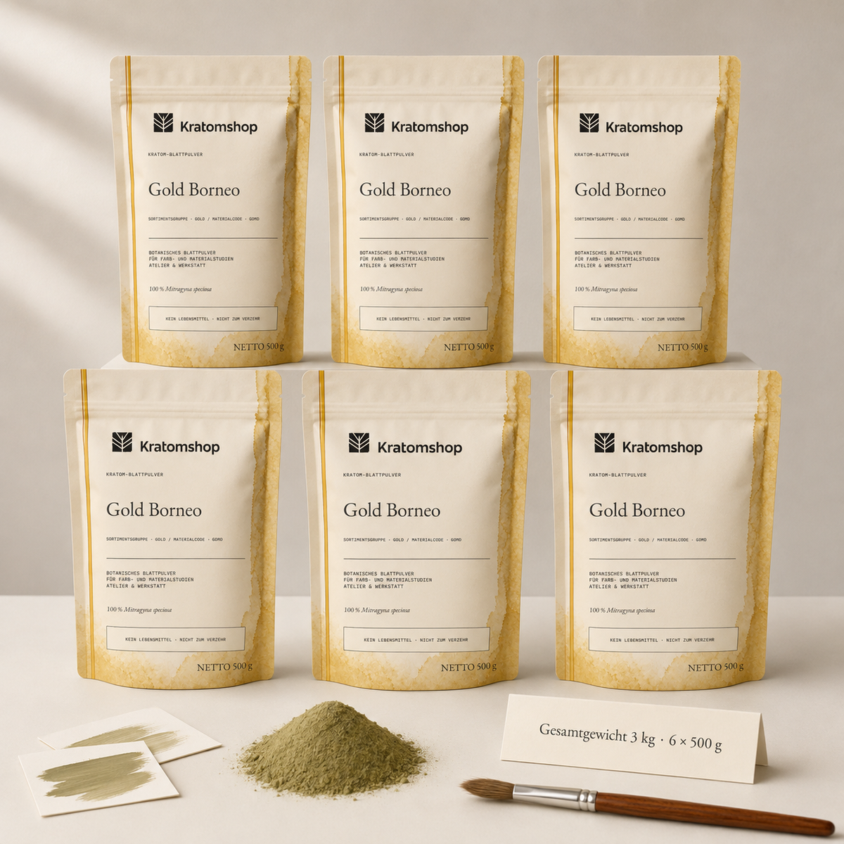 Polvo de hoja de kratom · Grupo de materiales Gold · Código de material GOMD · Archivo de polvos de hoja 11 · Gold Borneo