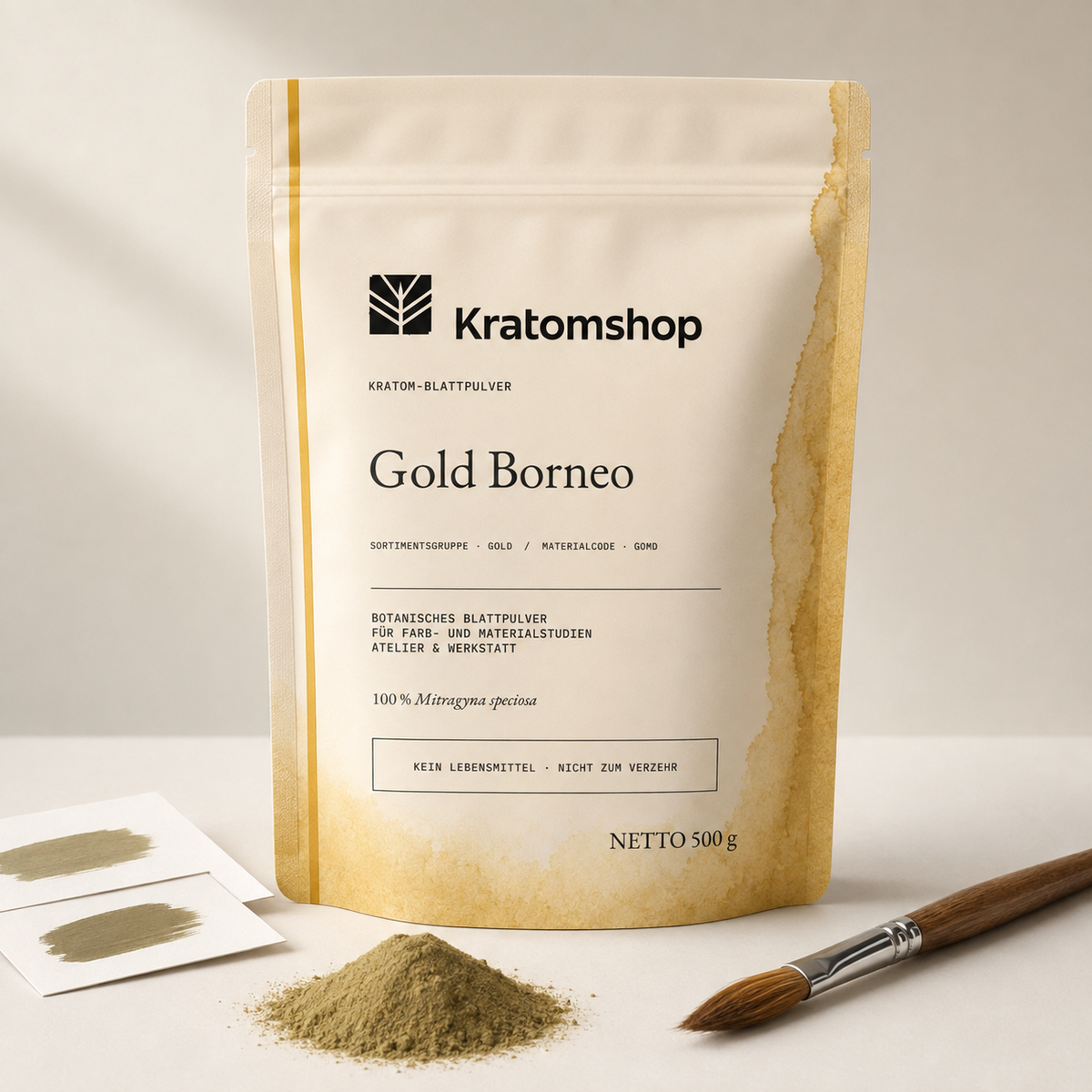 Polvo de hoja de kratom · Grupo de materiales Gold · Código de material GOMD · Archivo de polvos de hoja 11 · Gold Borneo
