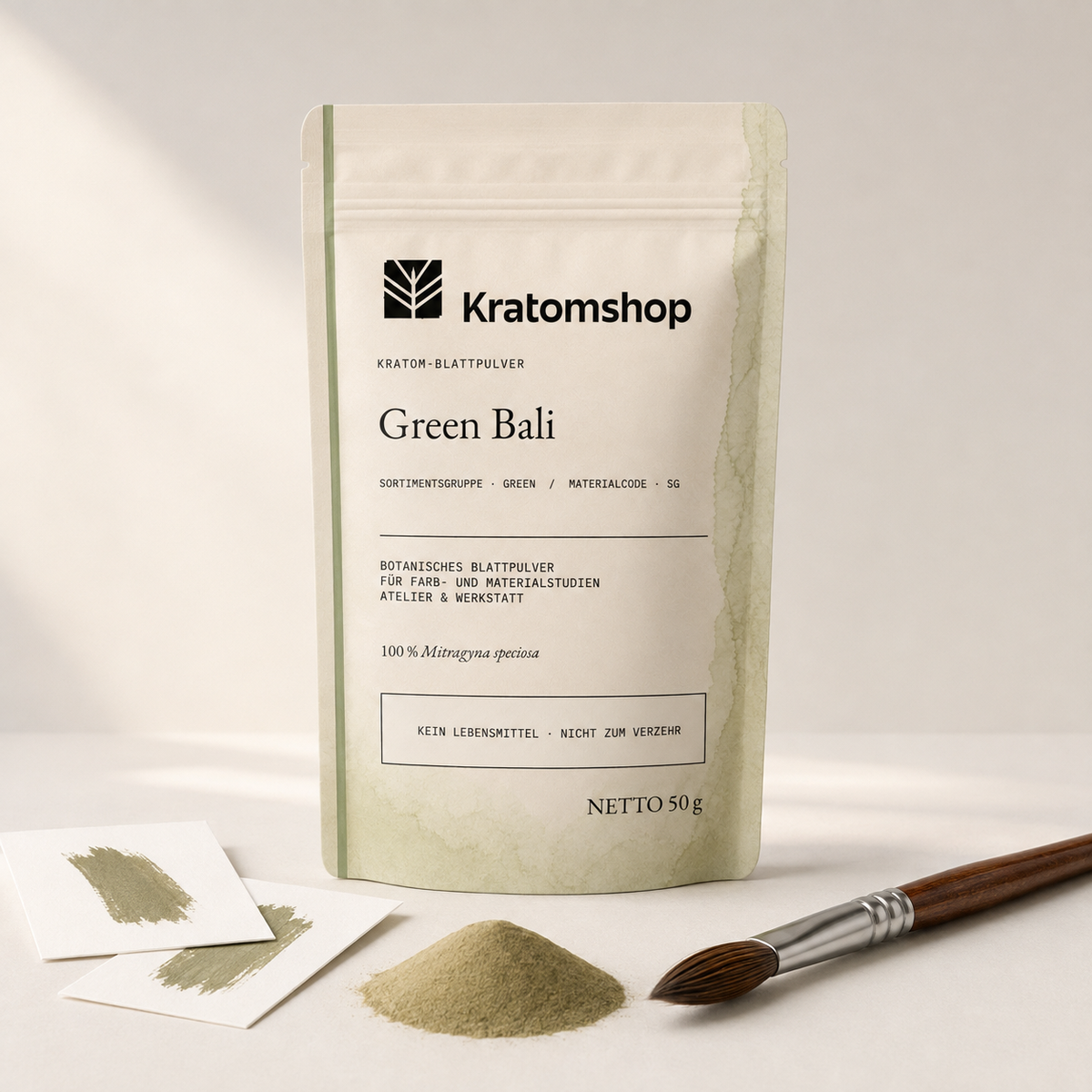 Polvo de hoja de kratom · Grupo de materiales Green · Código de material SG · Archivo de polvos de hoja 01 · Green Bali
