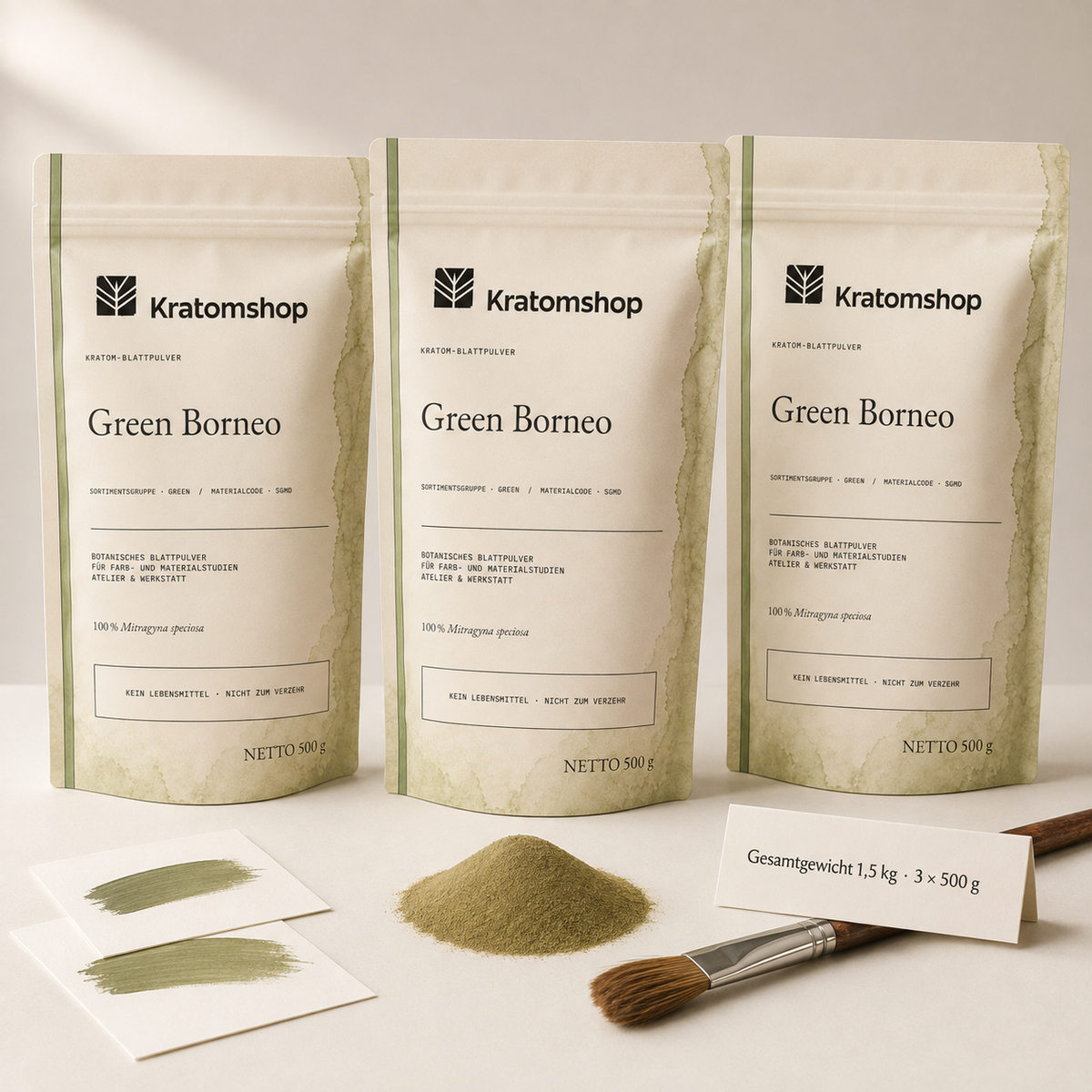 Polvo de hoja de kratom · Grupo de materiales Green · Código de material SGMD · Archivo de polvos de hoja 02 · Green Borneo