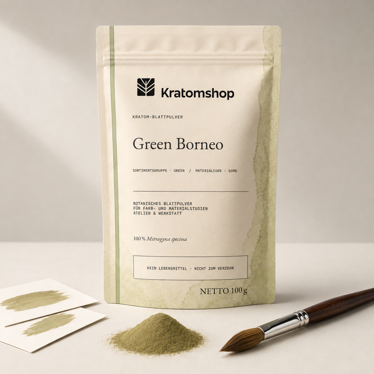 Polvo de hoja de kratom · Grupo de materiales Green · Código de material SGMD · Archivo de polvos de hoja 02 · Green Borneo
