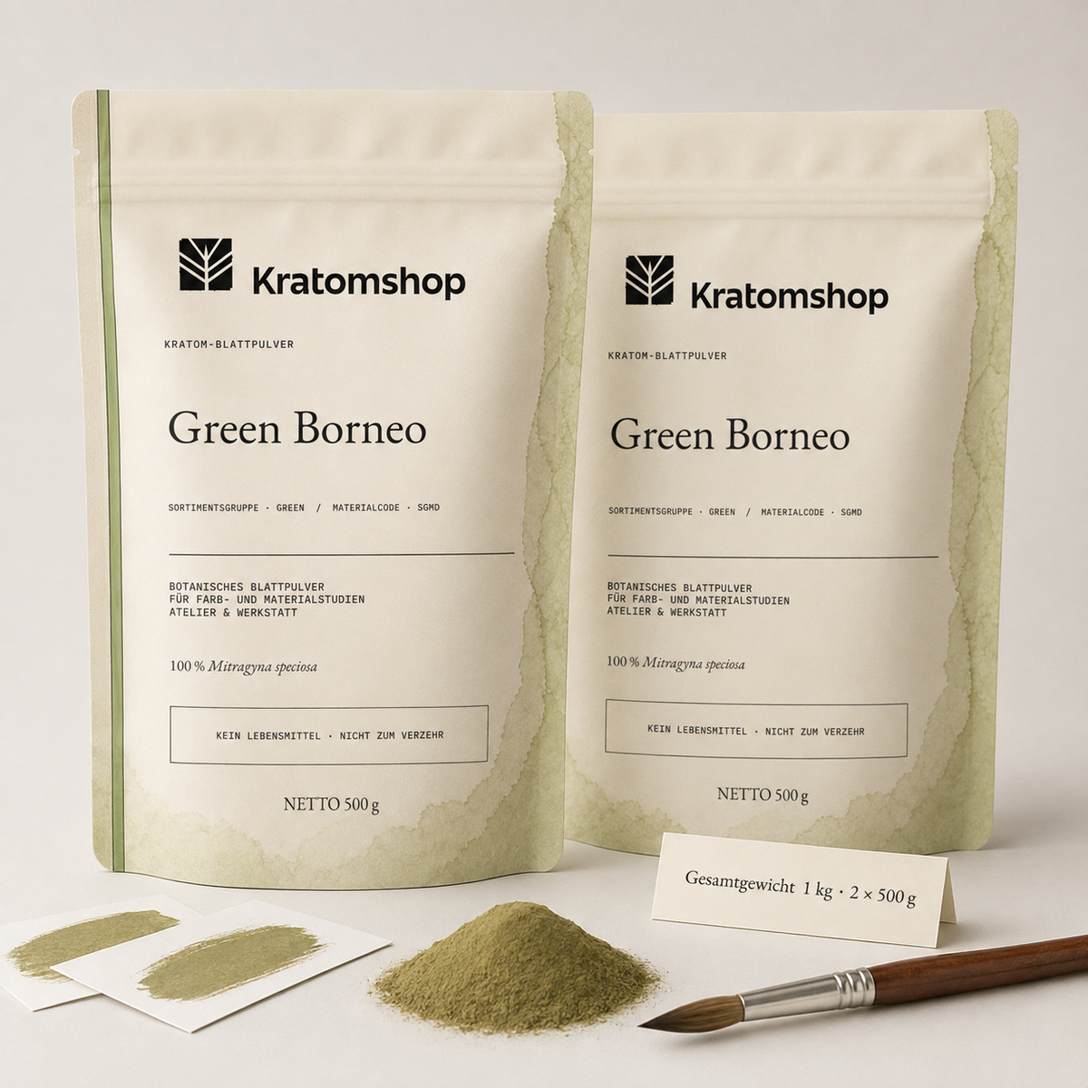 Polvo de hoja de kratom · Grupo de materiales Green · Código de material SGMD · Archivo de polvos de hoja 02 · Green Borneo