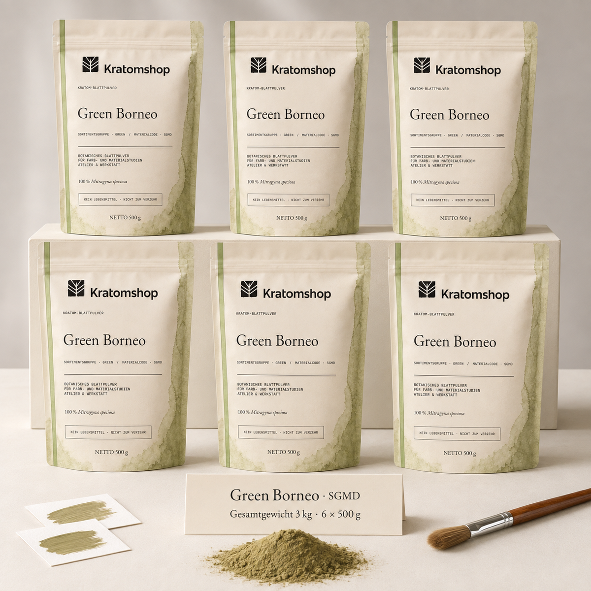 Polvo de hoja de kratom · Grupo de materiales Green · Código de material SGMD · Archivo de polvos de hoja 02 · Green Borneo