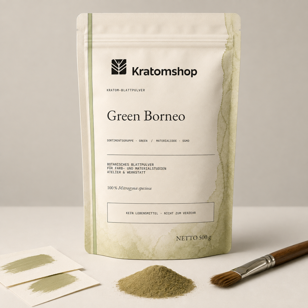Polvo de hoja de kratom · Grupo de materiales Green · Código de material SGMD · Archivo de polvos de hoja 02 · Green Borneo