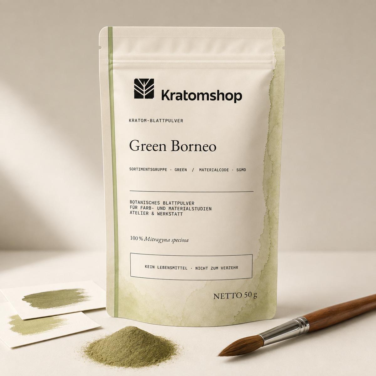 Polvo de hoja de kratom · Grupo de materiales Green · Código de material SGMD · Archivo de polvos de hoja 02 · Green Borneo