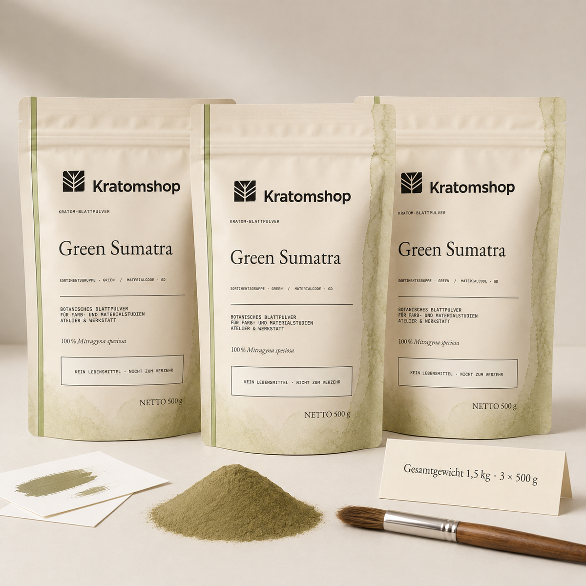 Polvo de hoja de kratom · Grupo de materiales Green · Código de material GD · Archivo de polvos de hoja 03 · Green Sumatra
