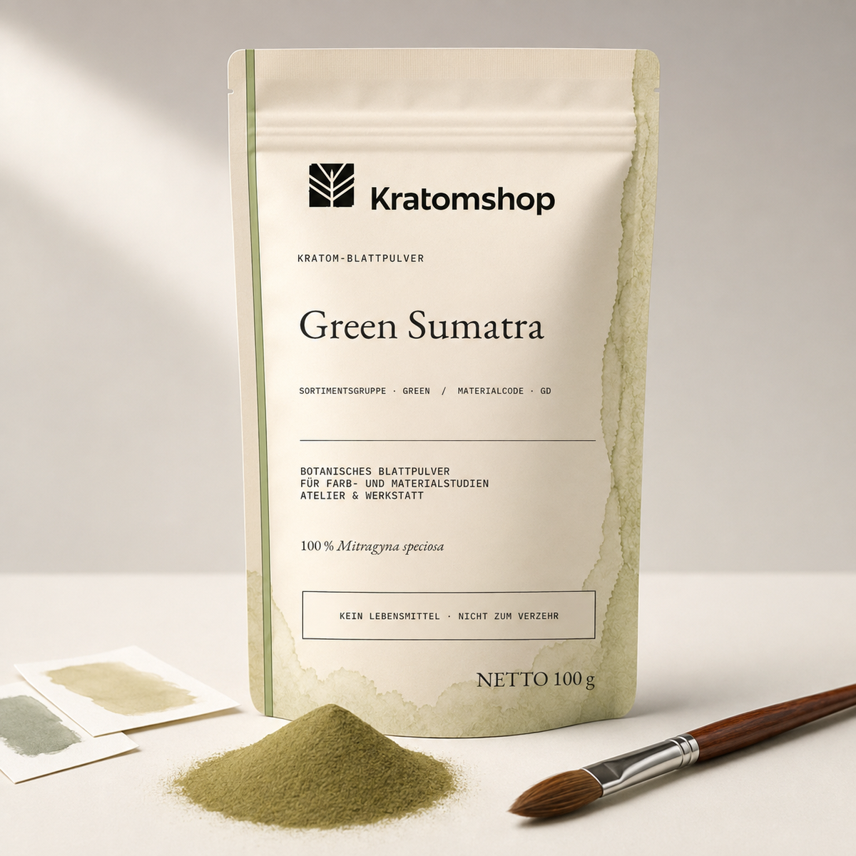 Polvo de hoja de kratom · Grupo de materiales Green · Código de material GD · Archivo de polvos de hoja 03 · Green Sumatra