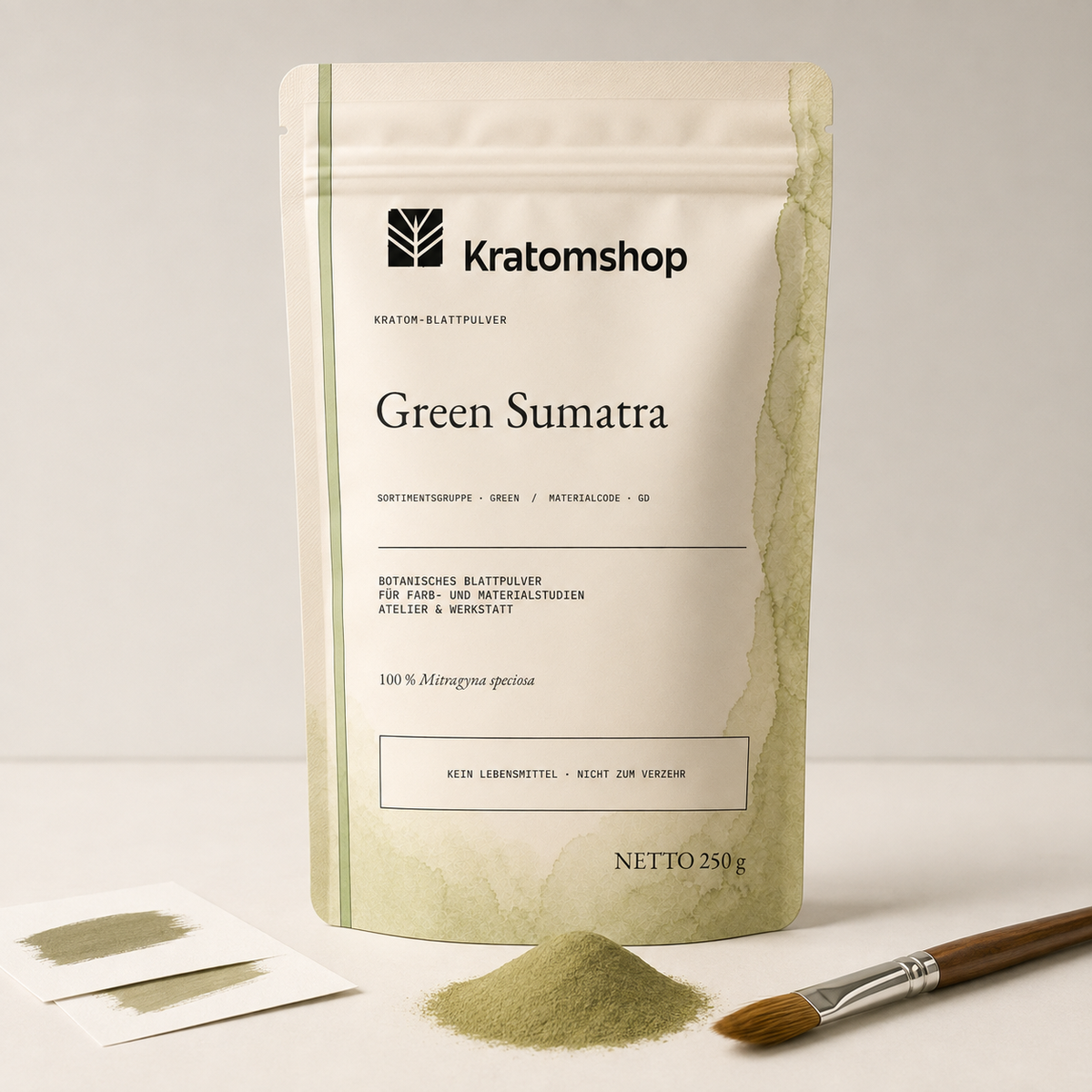 Polvo de hoja de kratom · Grupo de materiales Green · Código de material GD · Archivo de polvos de hoja 03 · Green Sumatra