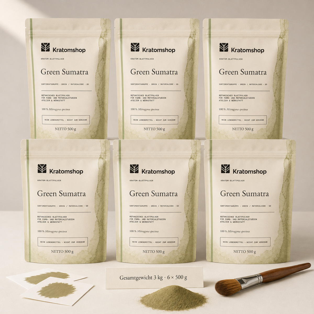 Polvo de hoja de kratom · Grupo de materiales Green · Código de material GD · Archivo de polvos de hoja 03 · Green Sumatra