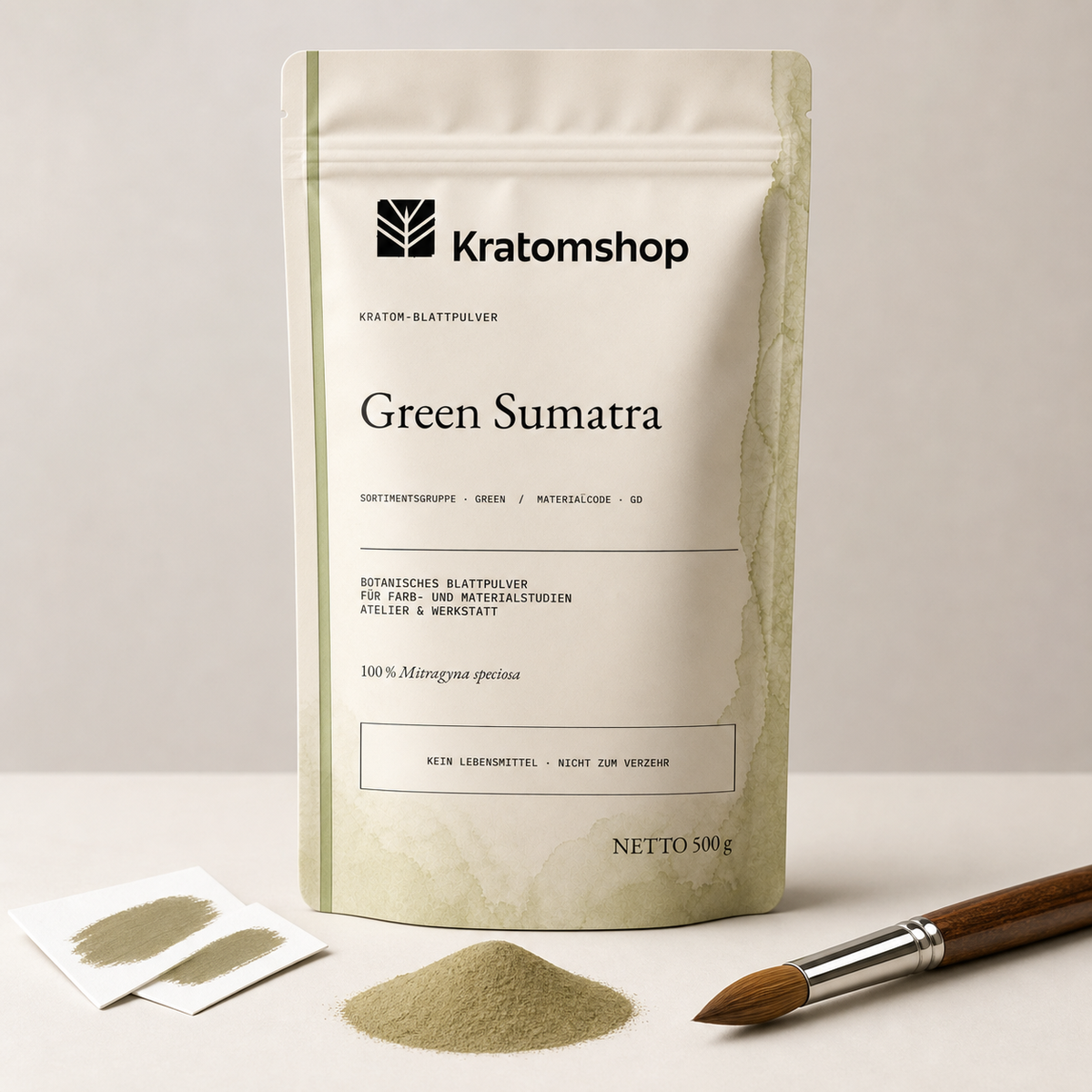Polvo de hoja de kratom · Grupo de materiales Green · Código de material GD · Archivo de polvos de hoja 03 · Green Sumatra