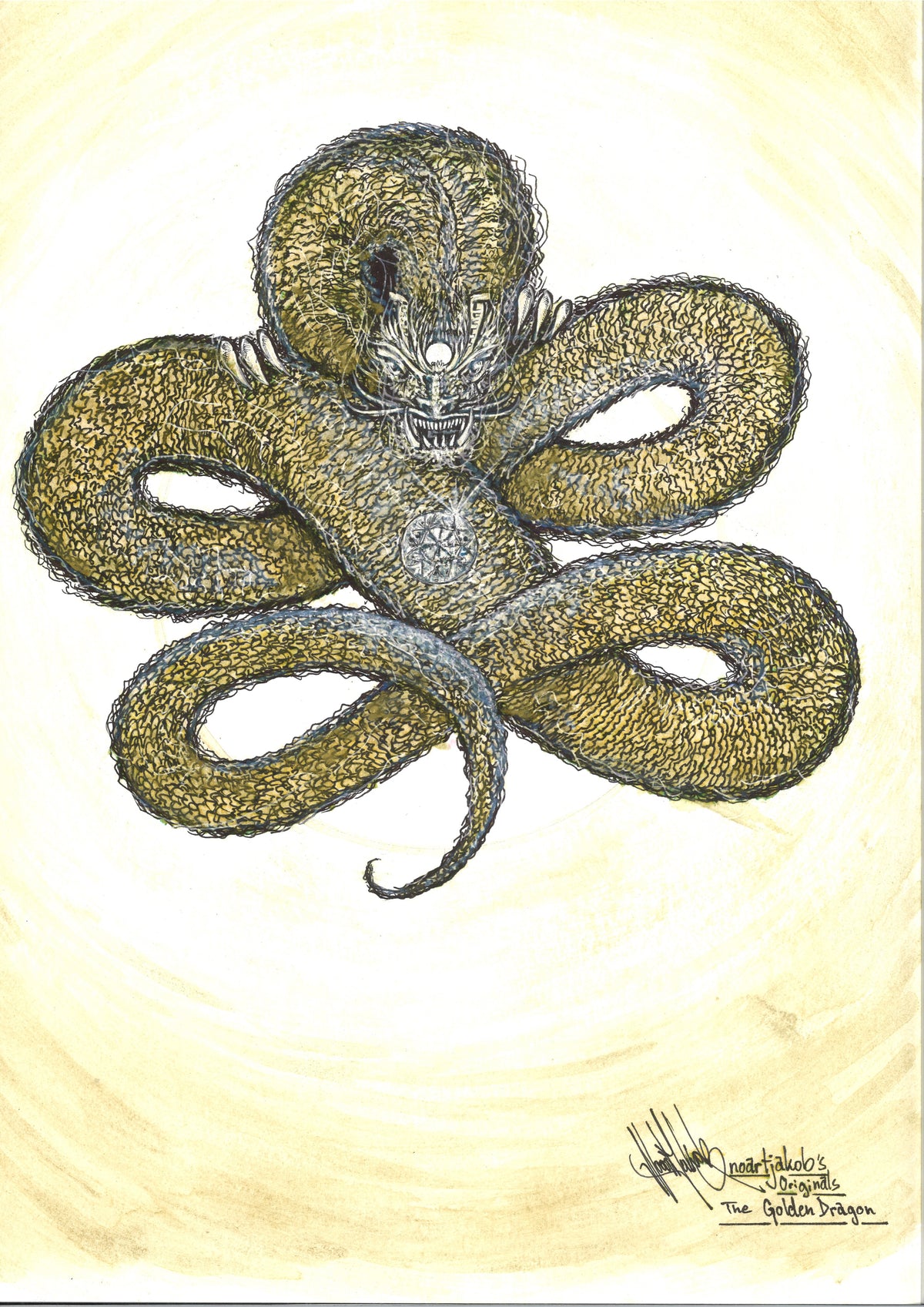 The Golden Dragon by Noart: a coiled dragon with golden yellow areas and dark linework, including the artist’s signature.