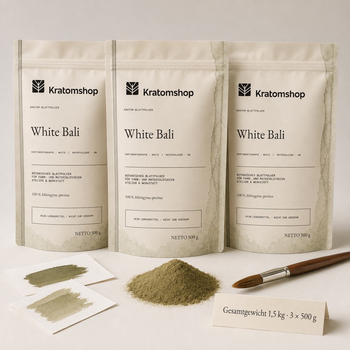 Polvo de hoja de kratom · Grupo de materiales White · Código de material GW · Archivo de polvos de hoja 10 · White Bali