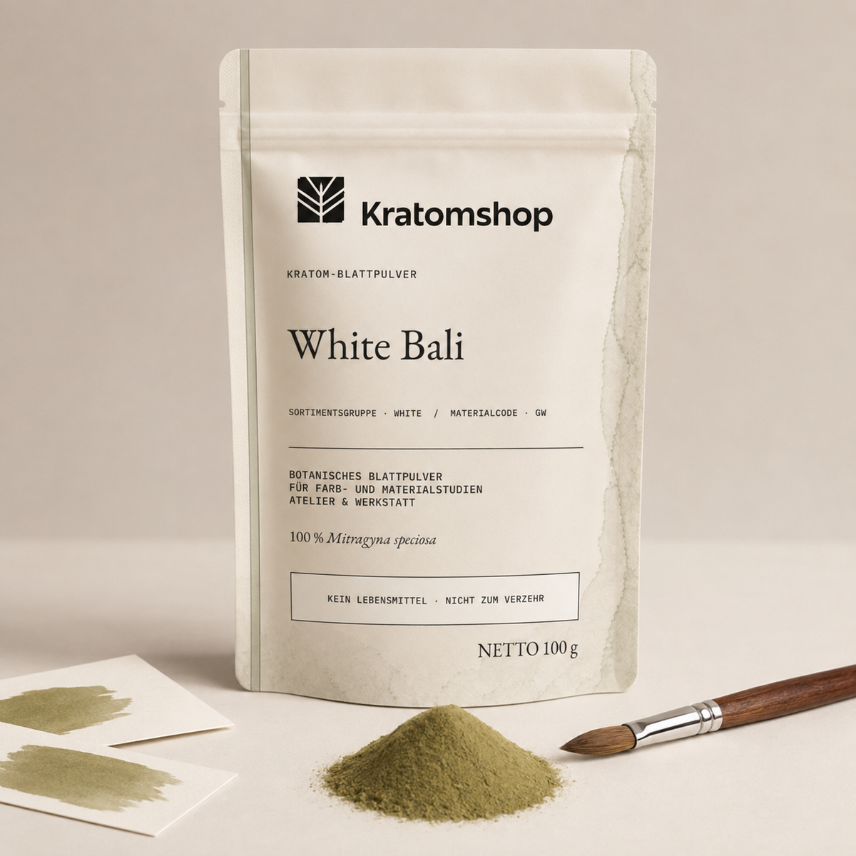 Polvo de hoja de kratom · Grupo de materiales White · Código de material GW · Archivo de polvos de hoja 10 · White Bali