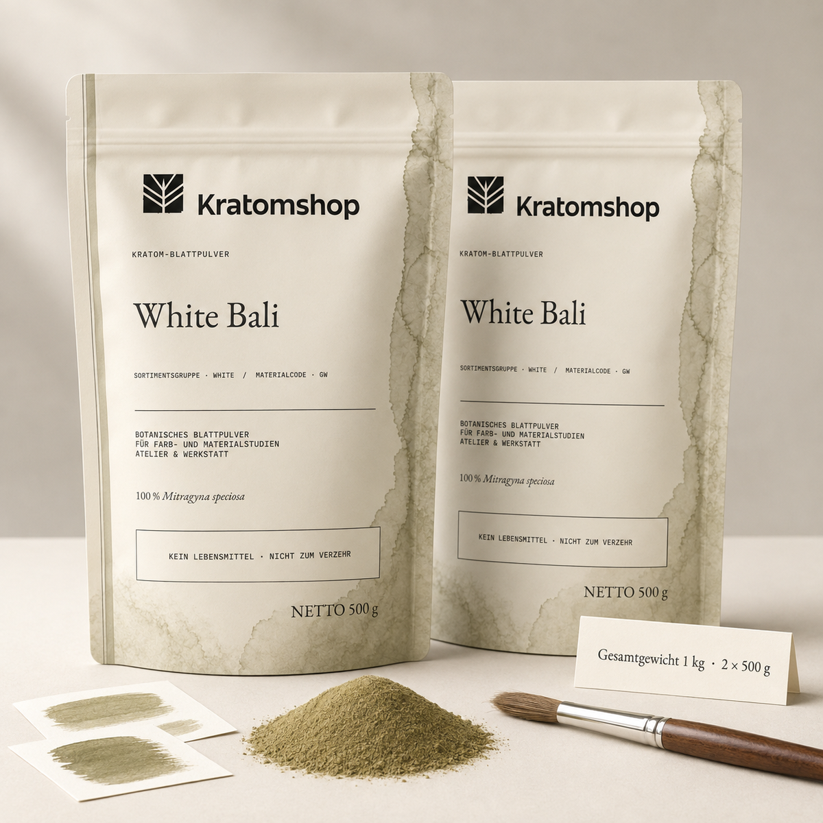 Polvo de hoja de kratom · Grupo de materiales White · Código de material GW · Archivo de polvos de hoja 10 · White Bali