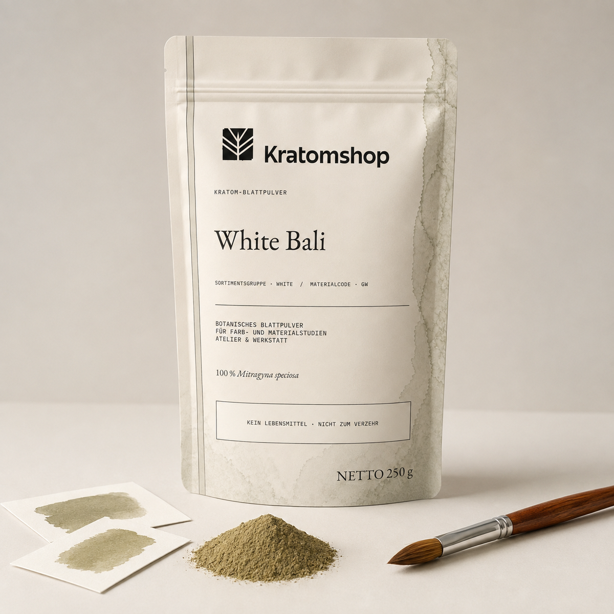 Polvo de hoja de kratom · Grupo de materiales White · Código de material GW · Archivo de polvos de hoja 10 · White Bali