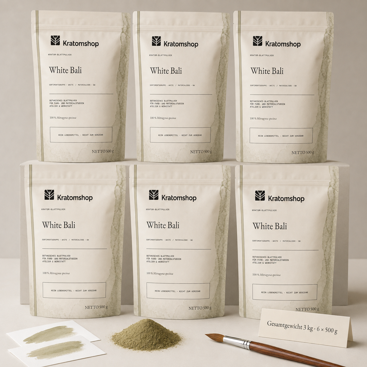Polvo de hoja de kratom · Grupo de materiales White · Código de material GW · Archivo de polvos de hoja 10 · White Bali