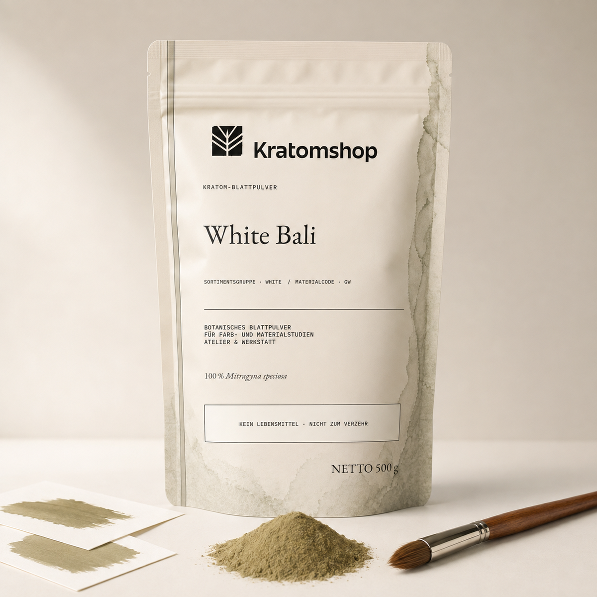 Polvo de hoja de kratom · Grupo de materiales White · Código de material GW · Archivo de polvos de hoja 10 · White Bali