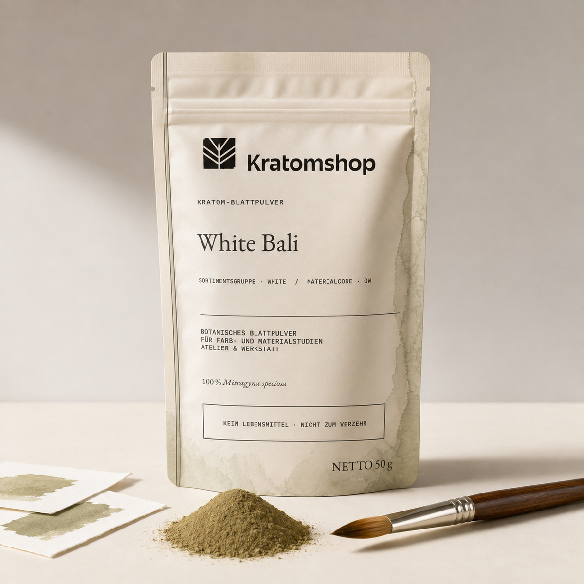 Polvo de hoja de kratom · Grupo de materiales White · Código de material GW · Archivo de polvos de hoja 10 · White Bali