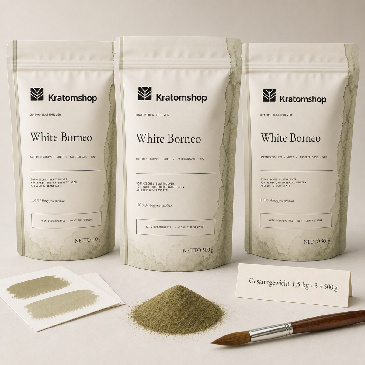Polvo de hoja de kratom · Grupo de materiales White · Código de material WMD · Archivo de polvos de hoja 08 · White Borneo