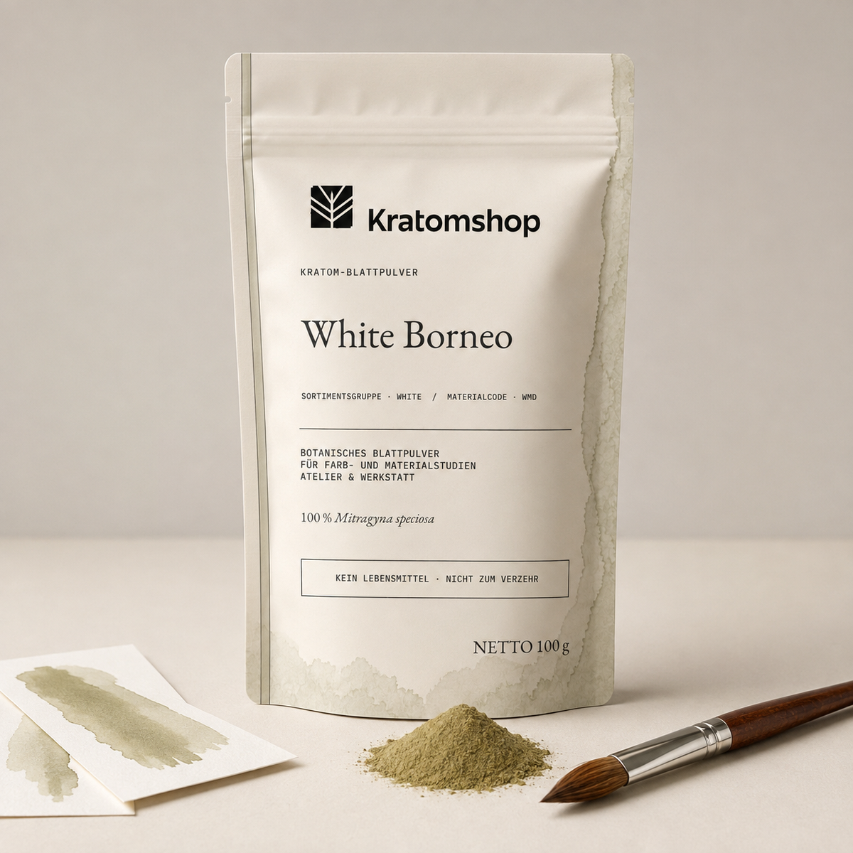 Polvo de hoja de kratom · Grupo de materiales White · Código de material WMD · Archivo de polvos de hoja 08 · White Borneo