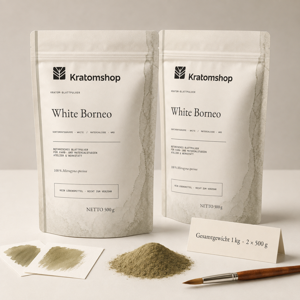 Polvo de hoja de kratom · Grupo de materiales White · Código de material WMD · Archivo de polvos de hoja 08 · White Borneo