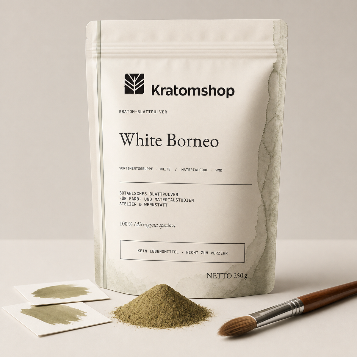 Polvo de hoja de kratom · Grupo de materiales White · Código de material WMD · Archivo de polvos de hoja 08 · White Borneo