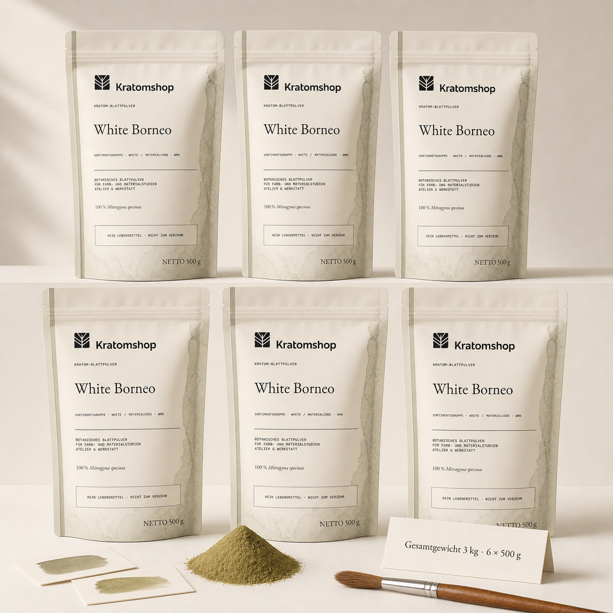 Polvo de hoja de kratom · Grupo de materiales White · Código de material WMD · Archivo de polvos de hoja 08 · White Borneo