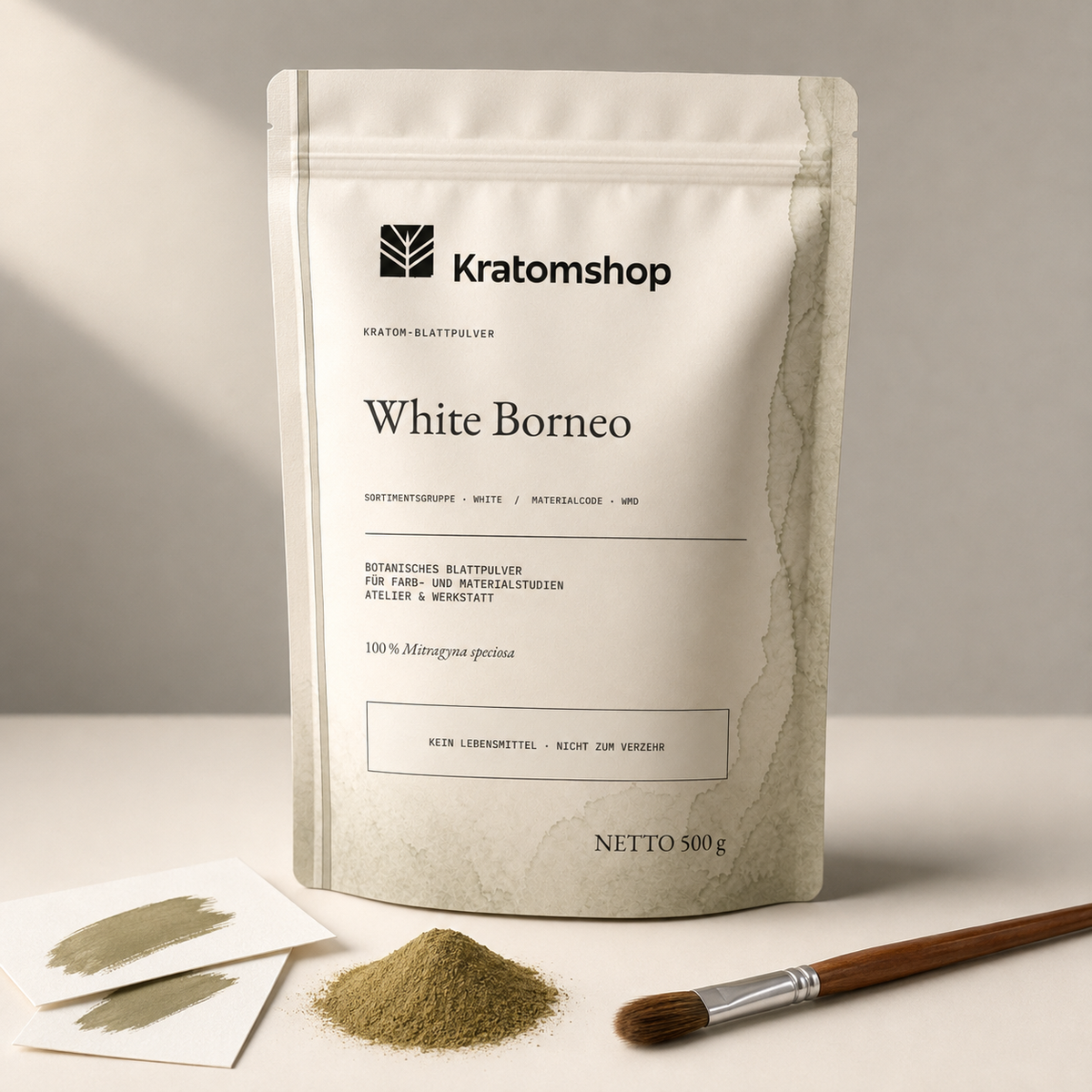 Polvo de hoja de kratom · Grupo de materiales White · Código de material WMD · Archivo de polvos de hoja 08 · White Borneo