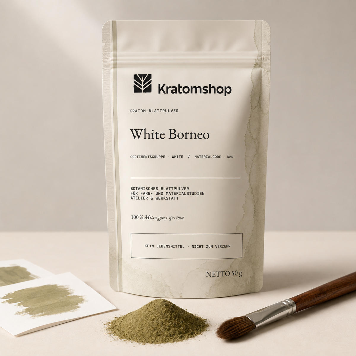 Polvo de hoja de kratom · Grupo de materiales White · Código de material WMD · Archivo de polvos de hoja 08 · White Borneo