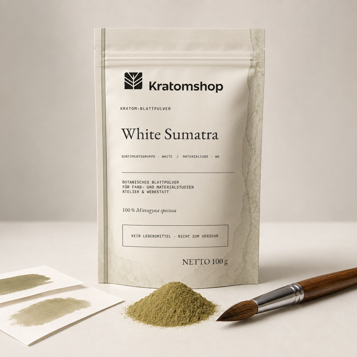 Polvo de hoja de kratom · Grupo de materiales White · Código de material WD · Archivo de polvos de hoja 09 · White Sumatra