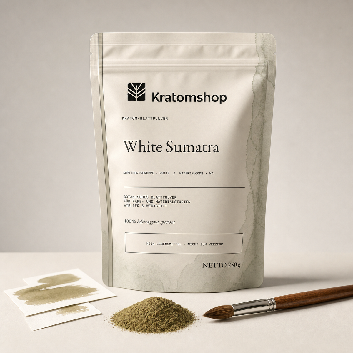 Polvo de hoja de kratom · Grupo de materiales White · Código de material WD · Archivo de polvos de hoja 09 · White Sumatra