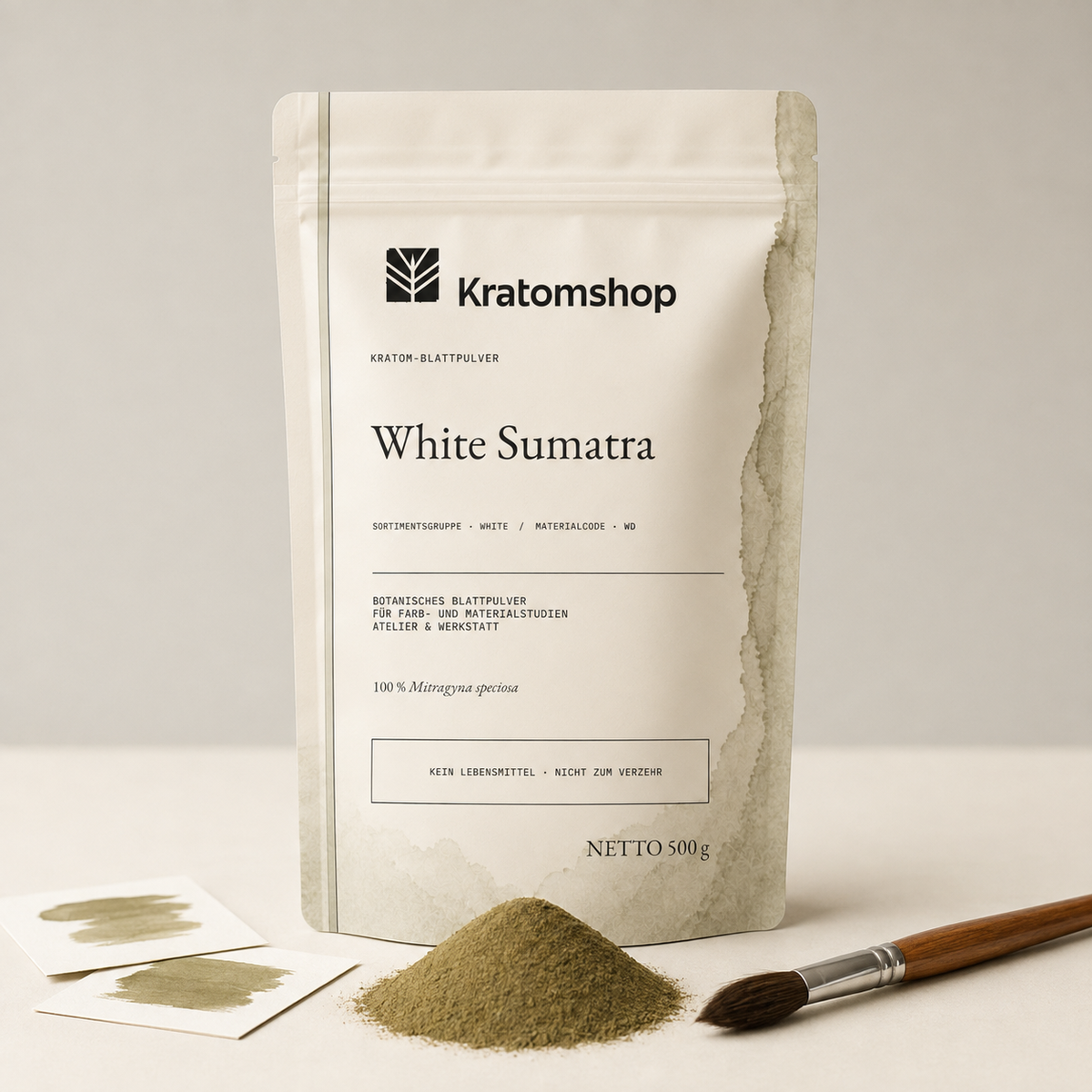 Polvo de hoja de kratom · Grupo de materiales White · Código de material WD · Archivo de polvos de hoja 09 · White Sumatra