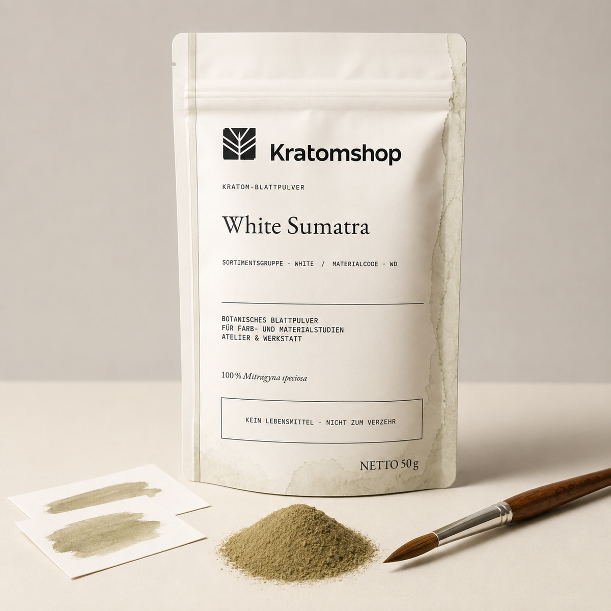 Polvo de hoja de kratom · Grupo de materiales White · Código de material WD · Archivo de polvos de hoja 09 · White Sumatra