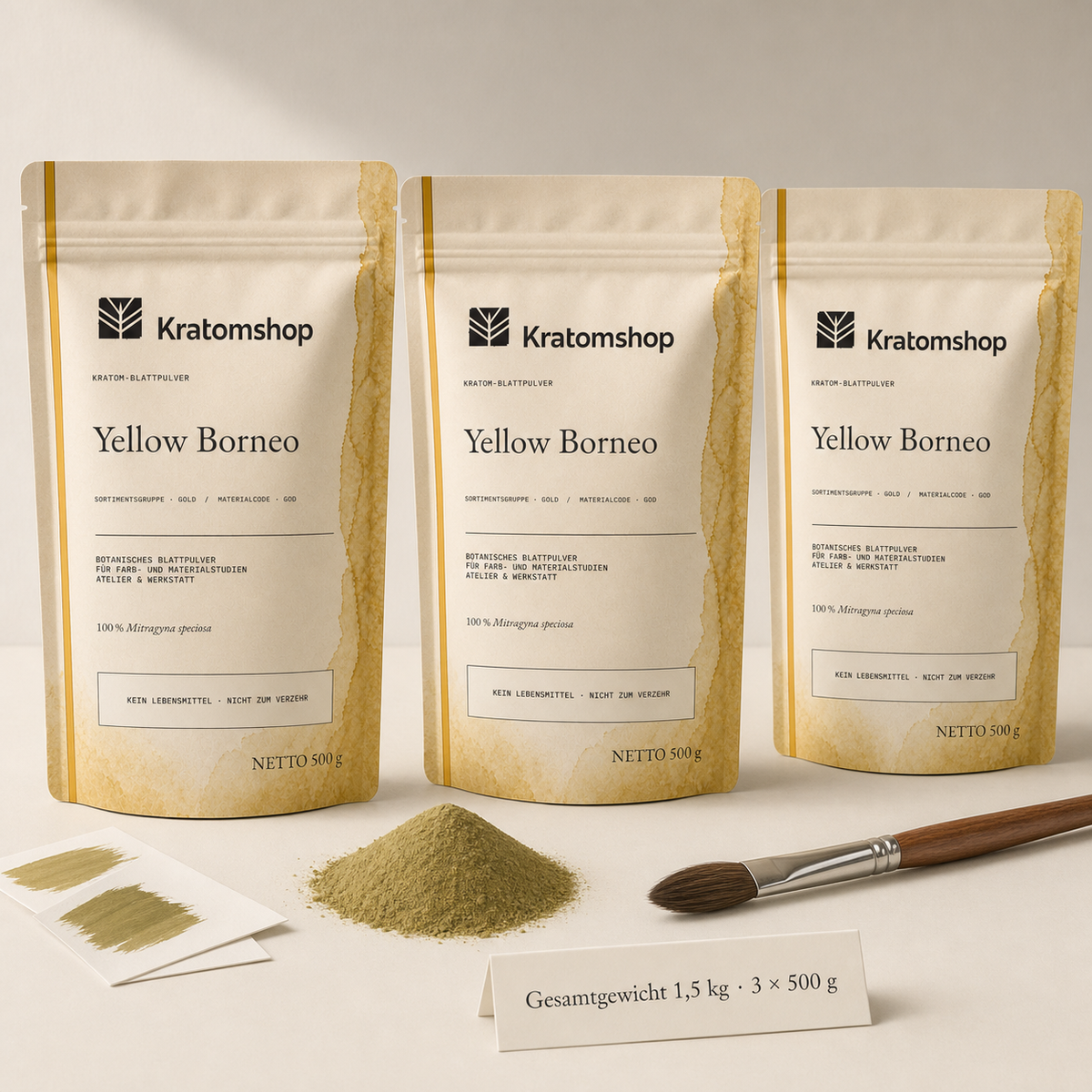 Polvo de hoja de kratom · Grupo de materiales Gold · Código de material GOD · Archivo de polvos de hoja 12 · Yellow Borneo