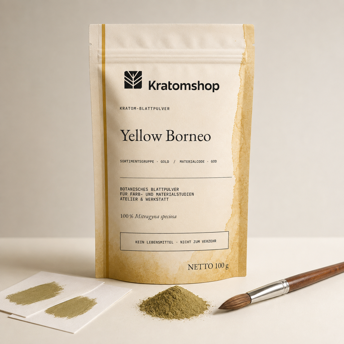 Polvo de hoja de kratom · Grupo de materiales Gold · Código de material GOD · Archivo de polvos de hoja 12 · Yellow Borneo