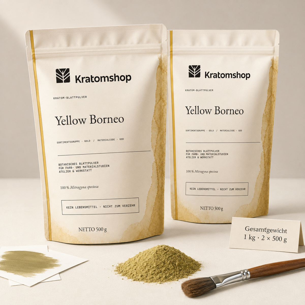 Polvo de hoja de kratom · Grupo de materiales Gold · Código de material GOD · Archivo de polvos de hoja 12 · Yellow Borneo