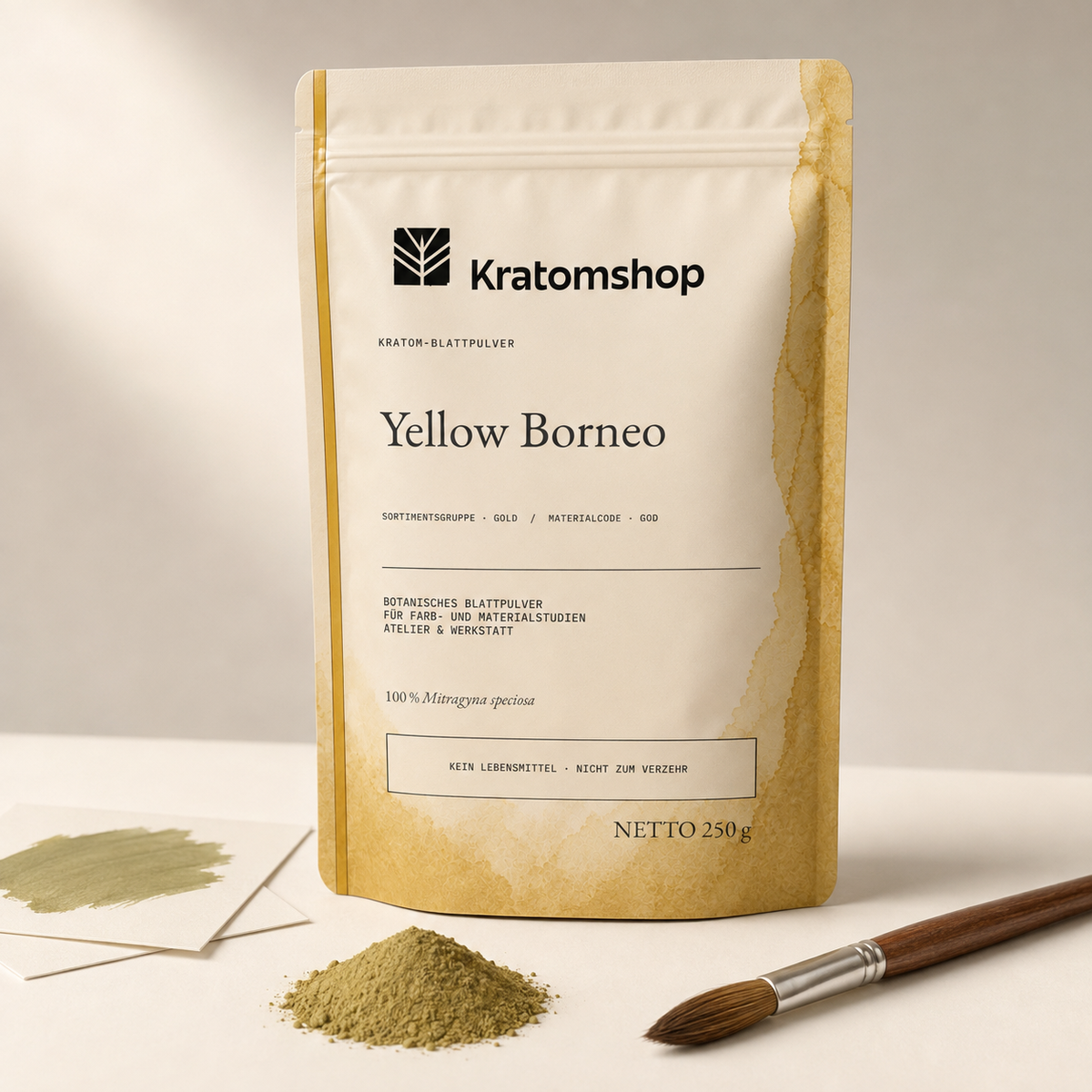 Polvo de hoja de kratom · Grupo de materiales Gold · Código de material GOD · Archivo de polvos de hoja 12 · Yellow Borneo