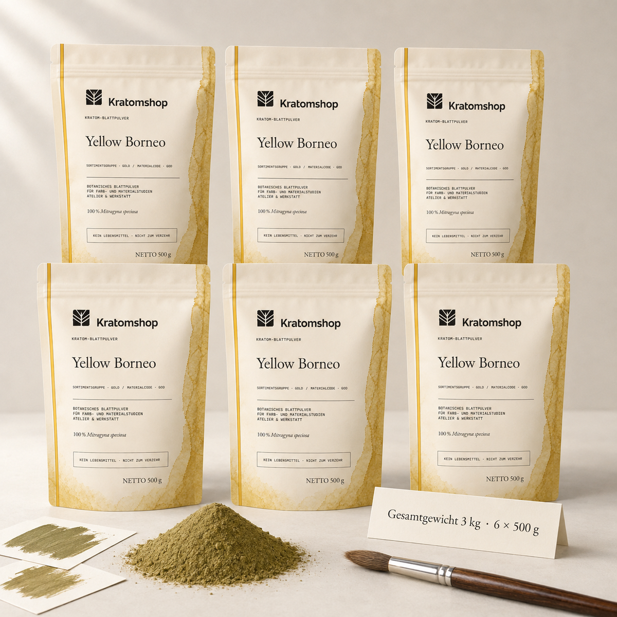 Polvo de hoja de kratom · Grupo de materiales Gold · Código de material GOD · Archivo de polvos de hoja 12 · Yellow Borneo