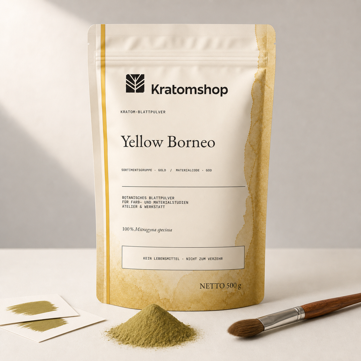 Polvo de hoja de kratom · Grupo de materiales Gold · Código de material GOD · Archivo de polvos de hoja 12 · Yellow Borneo