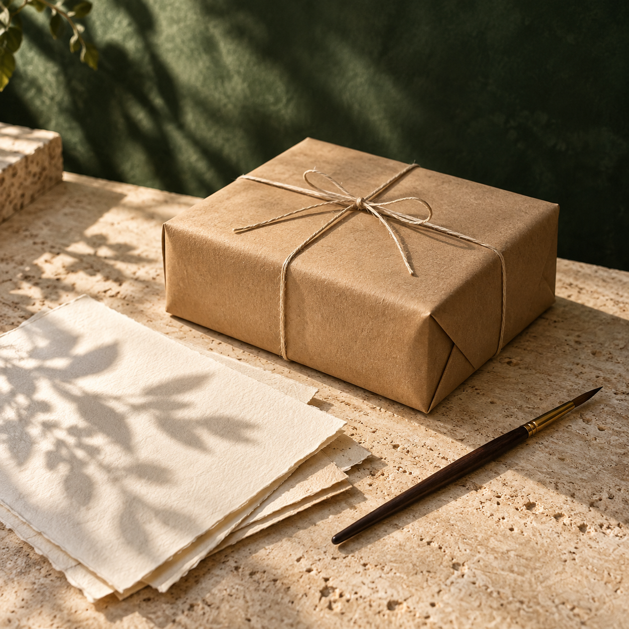 Un paquete, papel artístico y un pincel sobre piedra natural clara